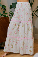 Load image into Gallery viewer, BiBi Smocked Waistband Rose Printed Gauze Lace Trim Detailed Pants in Taupe/Blush