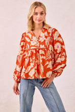 Load image into Gallery viewer, BiBi Flower Print Woven Top with Scallop Trim Detail in Rust