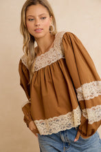 Load image into Gallery viewer, BiBi Solid Woven Balloon Sleeve Square Neck Blouse With Lace Trim in Camel
