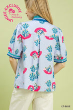 Load image into Gallery viewer, Umgee Print Puff Sleeve Blouse with Contrast Trim in Lt. Blue