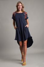 Load image into Gallery viewer, Umgee Linen Short Sleeve Embroidery Dress in Navy Dress Umgee