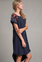 Load image into Gallery viewer, Umgee Linen Short Sleeve Embroidery Dress in Navy Dress Umgee