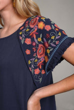Load image into Gallery viewer, Umgee Linen Short Sleeve Embroidery Dress in Navy Dress Umgee