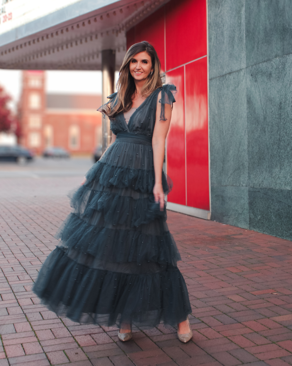 MABLE Pearl Stud and Mesh Tulle Tiered Maxi Dress in Teal Green