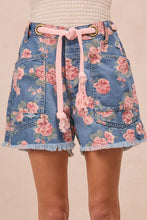 Load image into Gallery viewer, BiBi Floral Print Denim Shorts with Braided Waist Belt in Denim