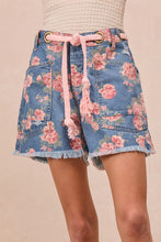 Load image into Gallery viewer, BiBi Floral Print Denim Shorts with Braided Waist Belt in Denim