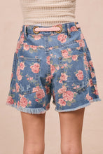 Load image into Gallery viewer, BiBi Floral Print Denim Shorts with Braided Waist Belt in Denim