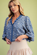 Load image into Gallery viewer, Easel Denim Embroidery Ruffle Trim Blouse in Denim