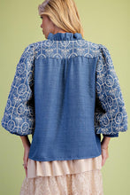 Load image into Gallery viewer, Easel Denim Embroidery Ruffle Trim Blouse in Denim