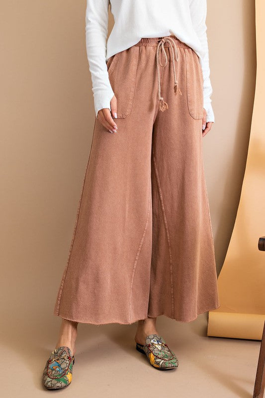 Easel Washed Terry Knit Wide Leg Pants in Red Bean Pants Easel   