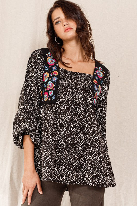 Oddi Ditzy Dot Print Top with Floral Embroidery in Black FINAL SALE  Oddi   