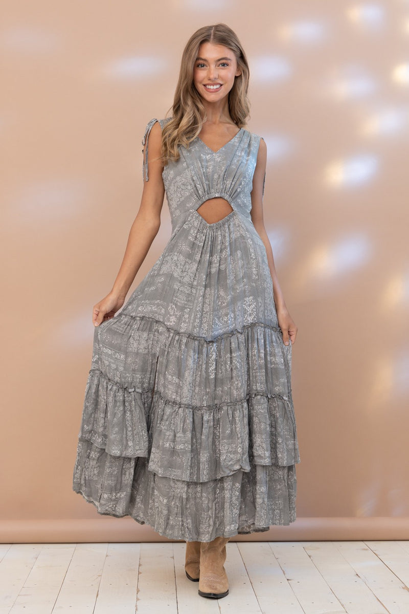 Ruffled Tiered Gray Print Maxi Dress with Front Slit and Open Back