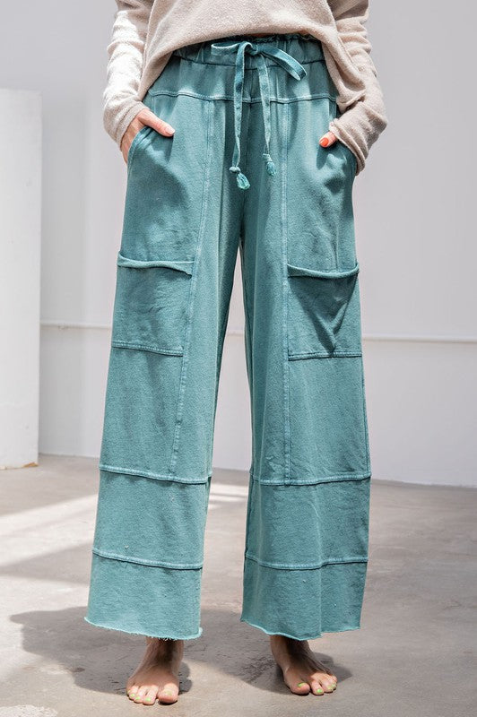 Easel Mineral Washed Terry Knit Pants in Teal Green Pants Easel   