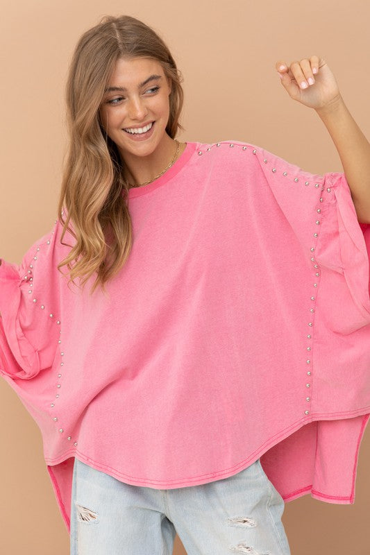 Blue B Studded Oversized Tshirt in Hot Pink Shirts & Tops Blue B   