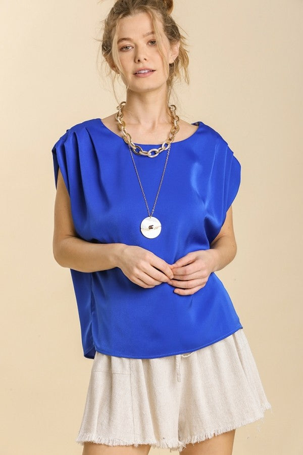 Umgee Satin Top with Pleated Details in Sapphire Blue FINAL SALE Shirts & Tops Umgee   