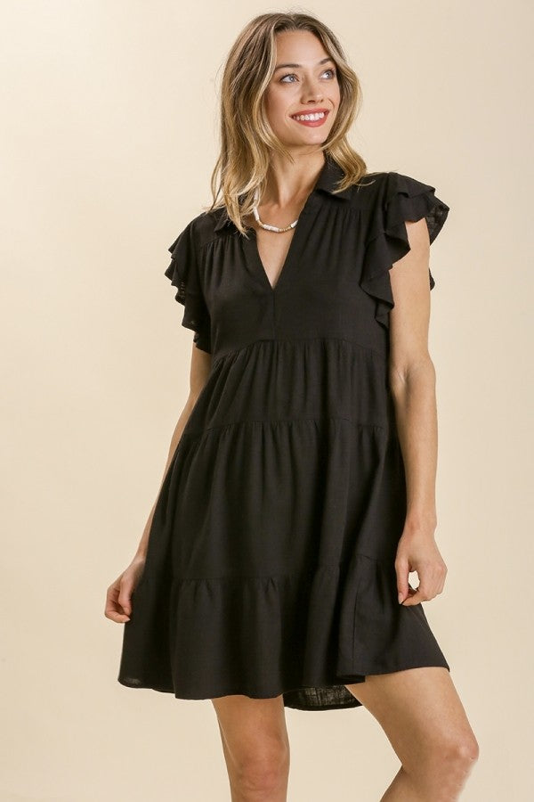 Umgee Black Linen Blend Tiered Dress with Ruffled Sleeves ON ORDER Dresses Umgee   