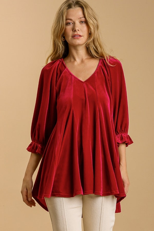 Umgee Velvet Top with Elastic Cuff Sleeves in Red Velvet FINAL SALE Shirts & Tops Umgee   