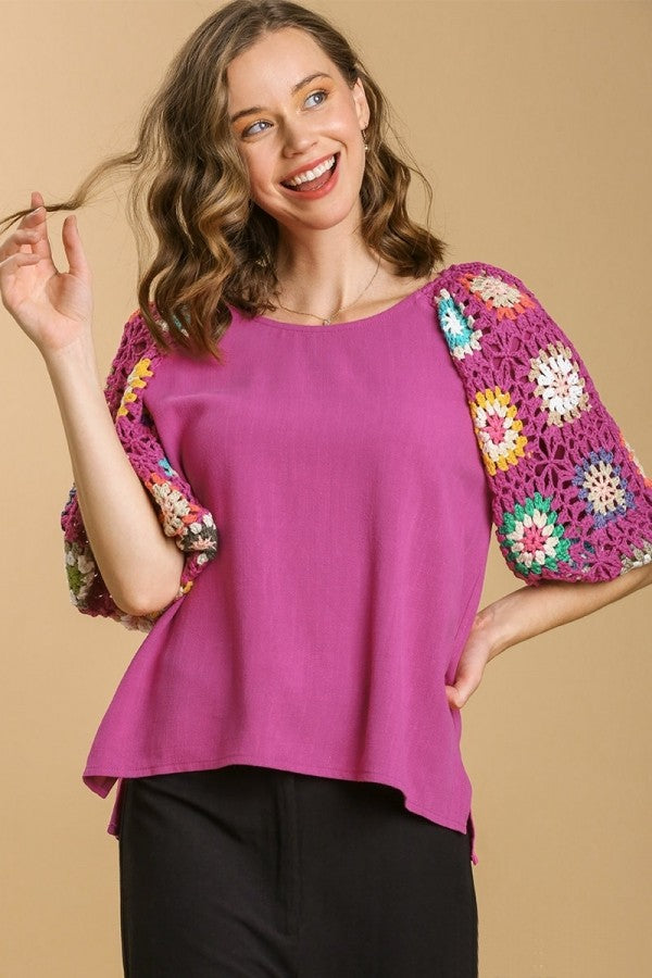 Umgee Colorful Square Crochet Top with 3/4 Puff Sleeves in Mulberry- FINAL SALE Shirts & Tops Umgee   