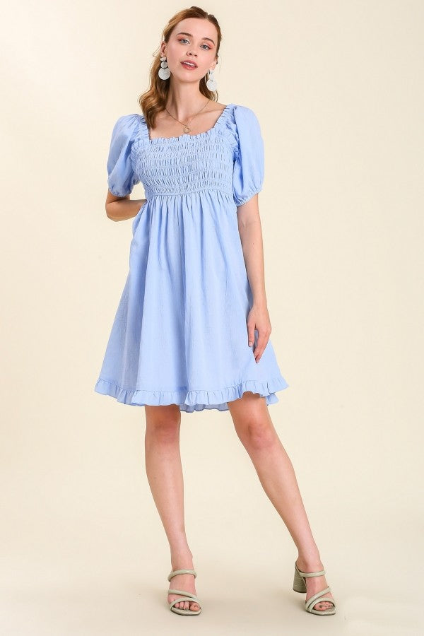 Umgee - Puff Sleeve Smocked Peplum Dress, Blue Stripe L