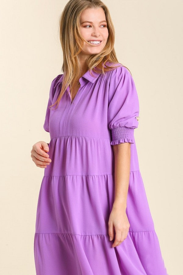 Umgee Collared Tiered Midi Dress in Lavender ON ORDER