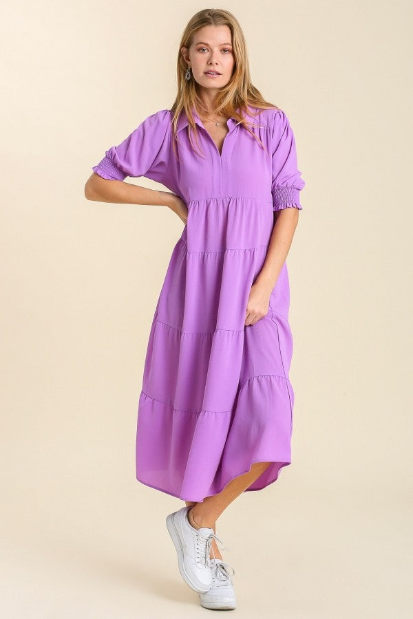 Umgee Collared Tiered Midi Dress in Lavender ON ORDER Dress Umgee   