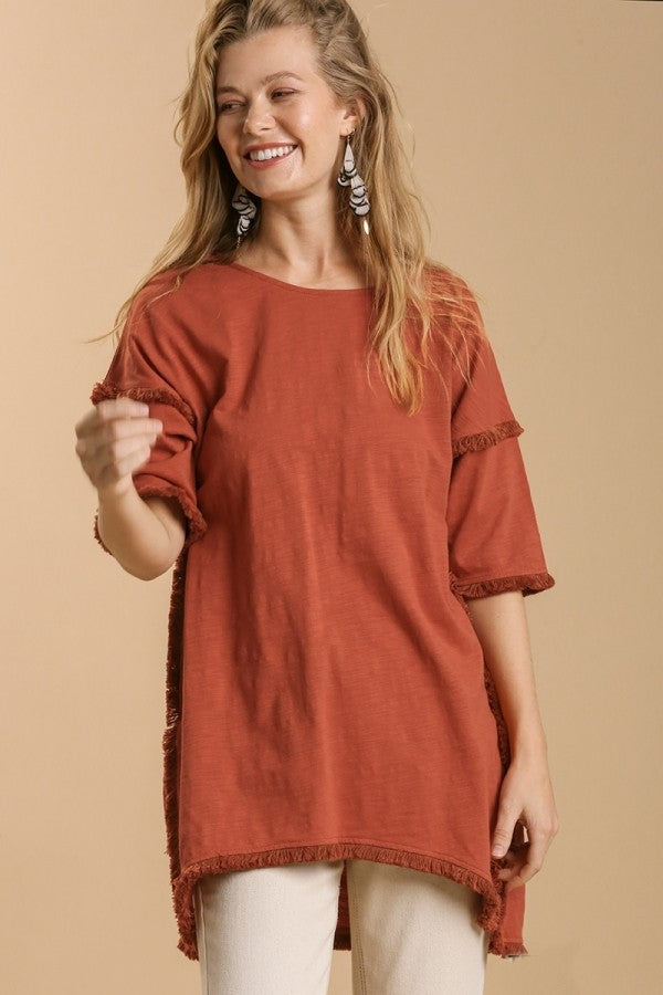 Umgee Teracotta Tunic Top with Fray Detail FINAL SALE Tops Umgee   