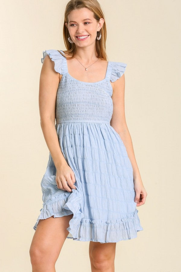 Smocked Chest Pleated Dress with Ruffle Shoulder Sleeve in Light Blue-FINAL SALE Dress Umgee   
