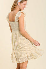 Load image into Gallery viewer, Smocked Chest Pleated Dress with Ruffle Shoulder Sleeve in Natural-FINAL SALE Dress Umgee