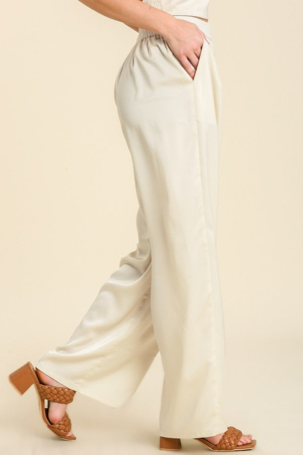 Umgee Pleated Detail Elastic Waist Band & Wide Leg Pants in Desert