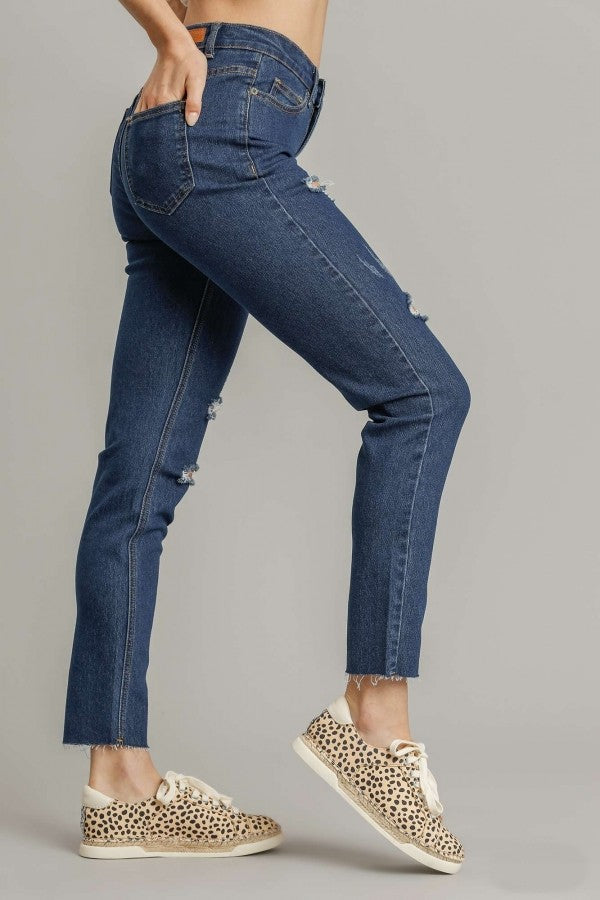 Umgee 5 Pockets Stretch Distressed Skinny Jeans with Unfinished Hem in Denim