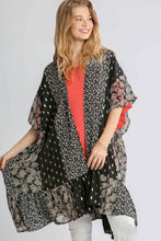 Load image into Gallery viewer, Umgee Sheer Mixed Print Kimono with Ruffled Hem in Black Kimono Umgee