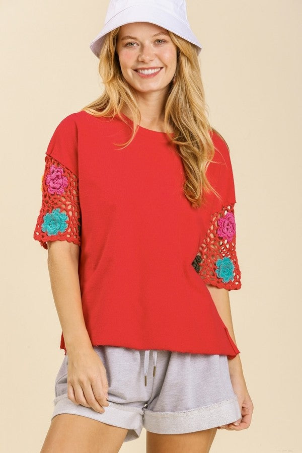 Umgee French Terry Top with Crochet Short Sleeves in Red June Adel