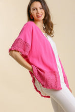 Load image into Gallery viewer, Umgee Hot Pink Linen Blend Cardigan with Crochet Details FINAL SALE Shirts & Tops Umgee