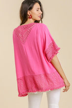 Load image into Gallery viewer, Umgee Hot Pink Linen Blend Cardigan with Crochet Details FINAL SALE Shirts & Tops Umgee
