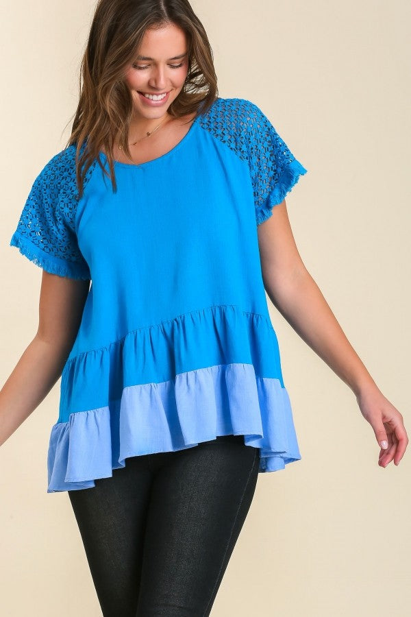 Umgee Tiered Top with Crochet Details in French Blue Top Umgee   