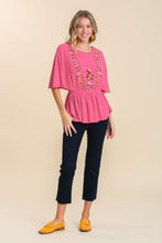 Load image into Gallery viewer, Umgee Linen Blend Top with Flower Embroidery in Hot Pink Top Umgee