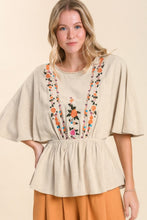 Load image into Gallery viewer, Umgee Linen Blend Top with Flower Embroidery in Oatmeal Top Umgee