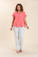 Load image into Gallery viewer, Umgee Short Sleeve Collared Button Up Top with Frayed Hem in Coral Pink Top Umgee