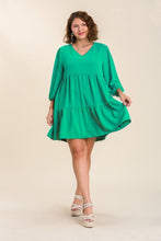 Load image into Gallery viewer, Umgee V-neck Tiered Dress with 3/4 Sleeve in Mint Green FINAL SALE Dress Umgee