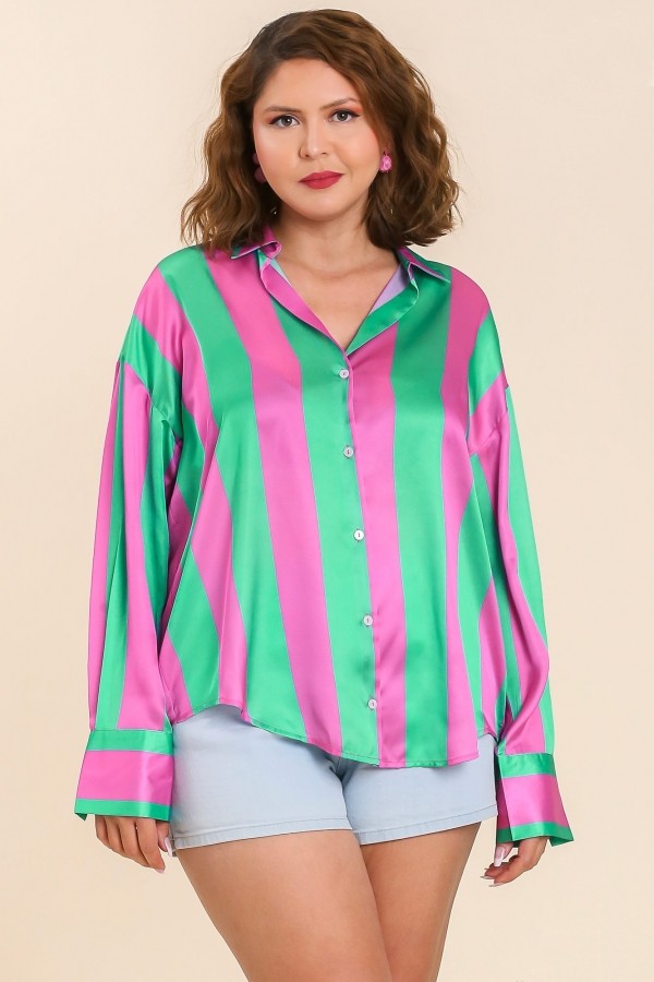 Umgee Satin Striped Top in Pink and Green FINAL SALE Top Umgee   
