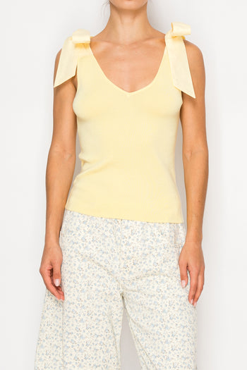 STITCH & Co. Woven Knit Ribbed Top with Bow Detail in Baby Yellow