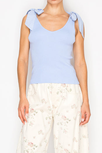 STITCH & Co. Woven Knit Ribbed Top with Bow Detail in Light Blue