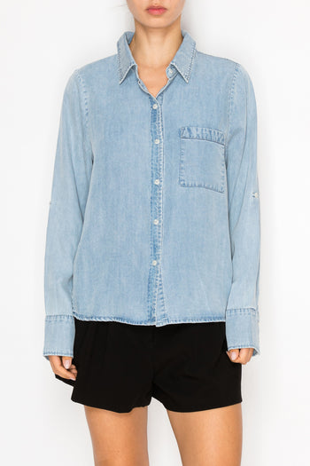 STITCH & Co Lightweight Button Down Denim Top in Light Blue