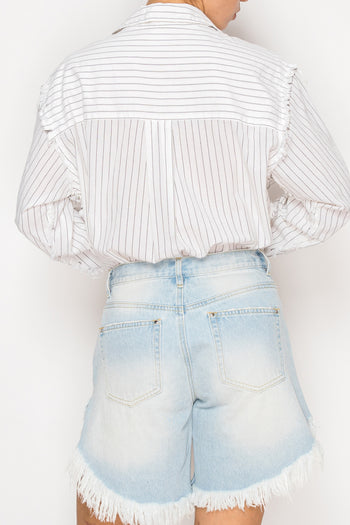 STITCH & Co OVERSIZED Lightweight Striped Button Down Top in Off White Black Stripe