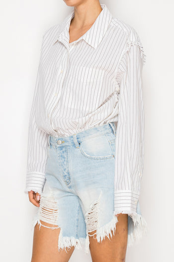 STITCH & Co OVERSIZED Lightweight Striped Button Down Top in Off White Black Stripe