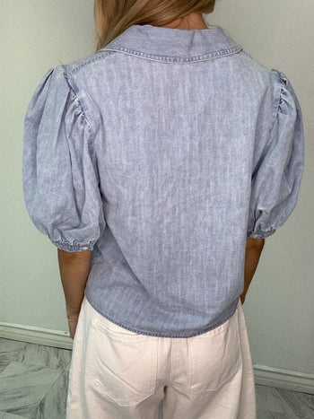 STITCH & Co Peter Pan Collar V Neck Denim Top in Light Denim Blue