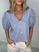 STITCH & Co Peter Pan Collar V Neck Denim Top in Light Denim Blue