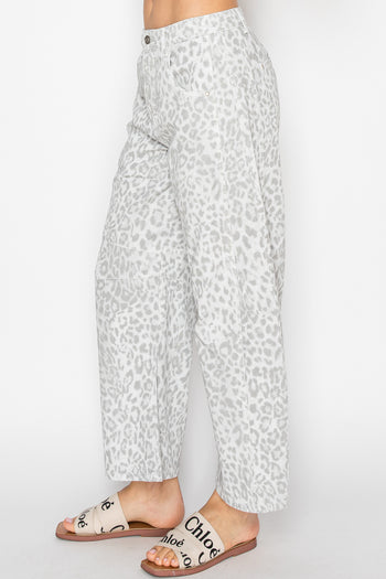 STITCH & Co Leopard Print Barrel Pants in Light Grey