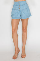 STITCH & Co. Elastic Back Waist Tiered Flare Shorts in Light Denim