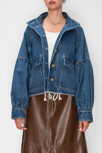 STITCH & Co. Washed Denim Oversized Pocket Jacket in Medium Blue